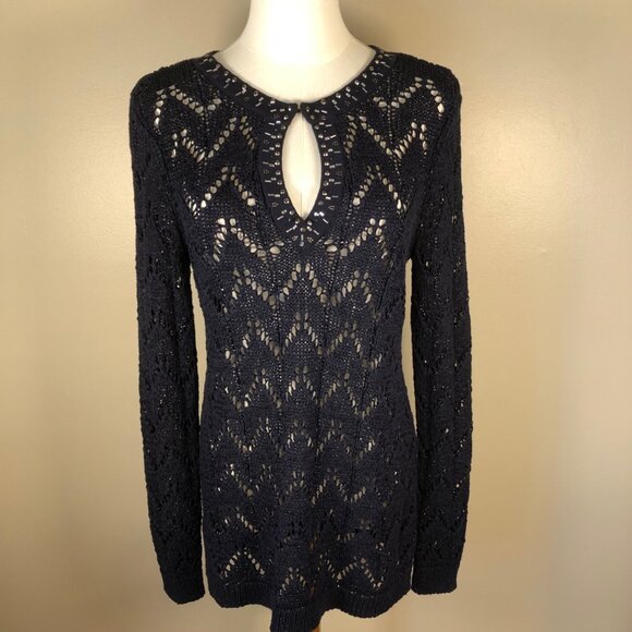 White House Black Market Studded Neckline Long Sleeve Navy Lace Sweater Size S - Picture 1 of 10